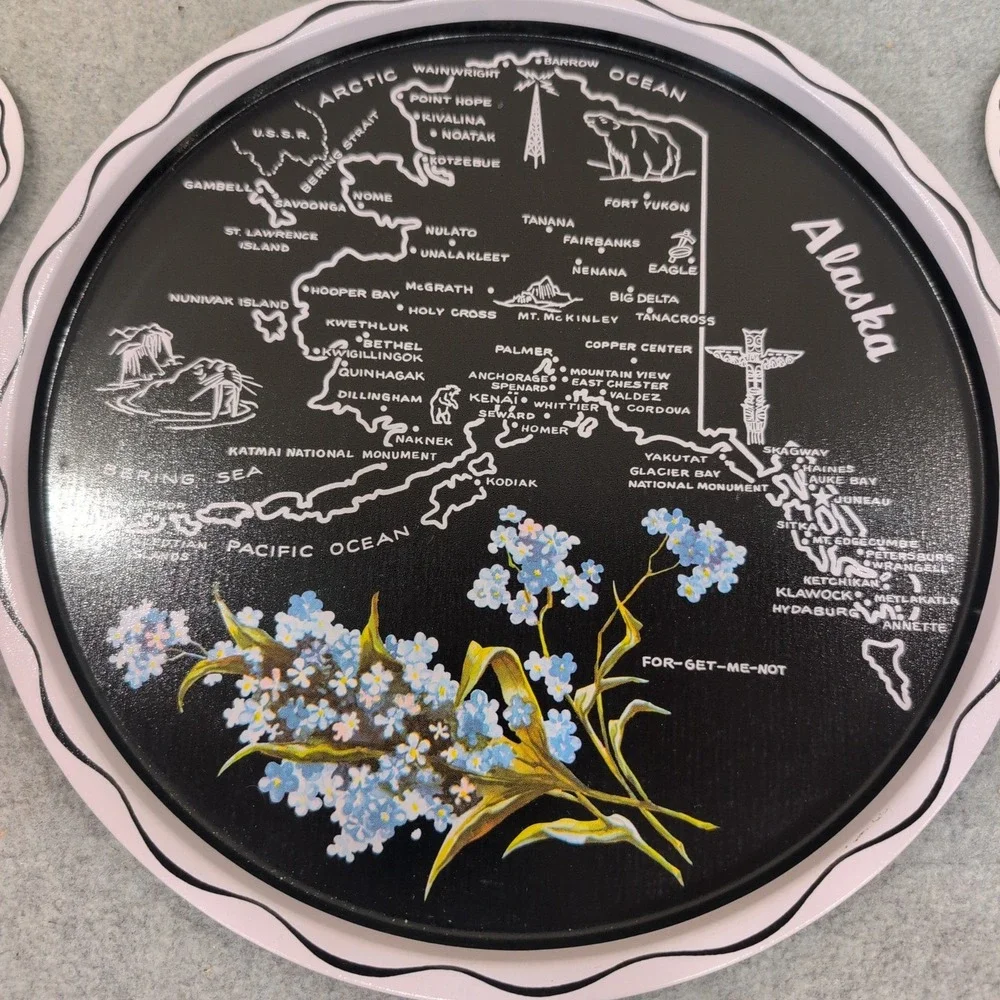 Vintage Alaska State Map Metal Serving Tray and Coaster‎ Set Forget-Me-Not 7pc